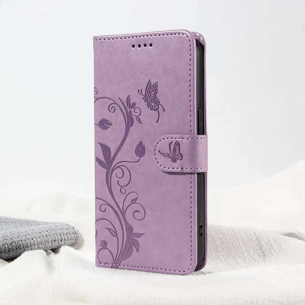 Butterfly Flower Leather Case For iPhone 17 Air 16 17e 16e 15 14 13 12 Mini 11 Pro Max Plus Flip Wallet Card Slot Book Cover