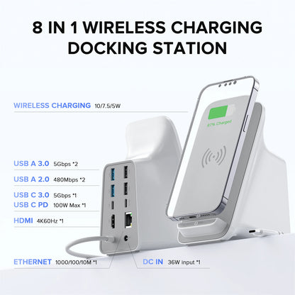 PULWTOP 8-IN-1 Laptop Docking Station, 10W Max Wireless Charging Pad, 4K@60Hz HDMI Display ,5 USB Ports PD100W RJ45, 36W DC