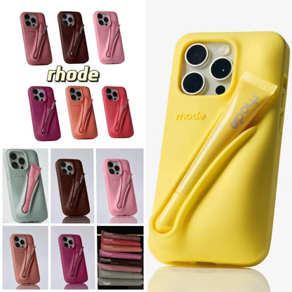 With Lipstick&Box Lip Gloss Holder Phone Case For iPhone Air 17 16 15 14 13 12 Pro Max Rhode Lipstick Trendy Silicone tpu Cover