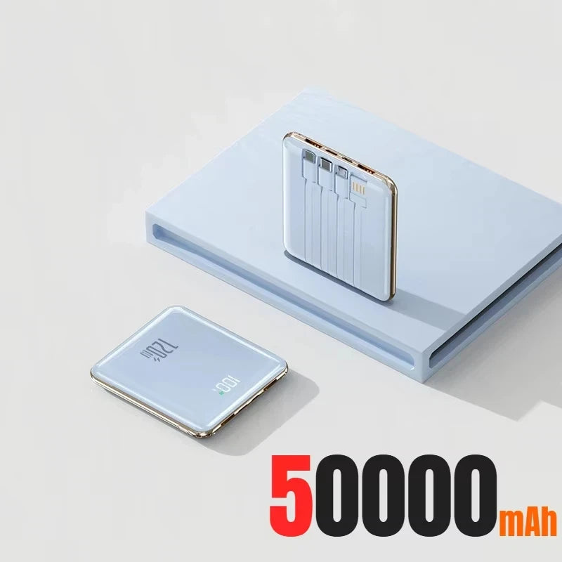 Lenovo Mini 500000mAh Power Bank Large Capacity Super Fast Charging External Battery Built-in 4 Cables for IPhone Samsung Huawei
