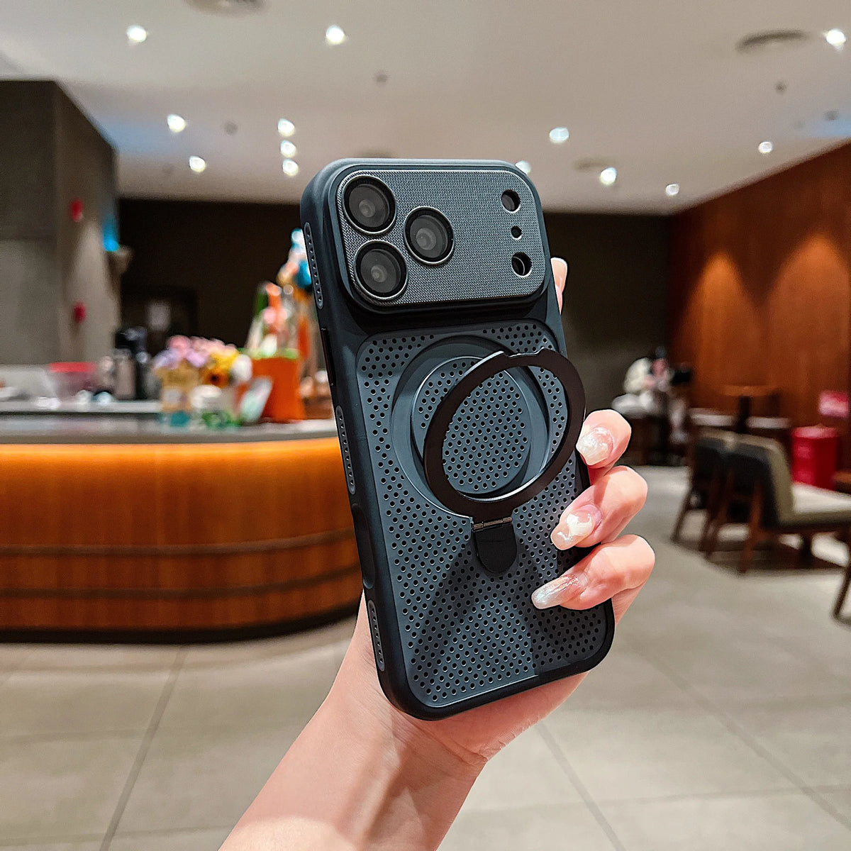 Luxury Heat Dissipation Cooling Mesh Hole Case for iPhone 17 16 15 14 Plus 13 12 Pro Max For Magsafe Stand Holder Armor Cover