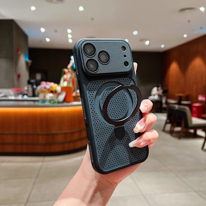 Luxury Heat Dissipation Cooling Mesh Hole Case for iPhone 17 16 15 14 Plus 13 12 Pro Max For Magsafe Stand Holder Armor Cover