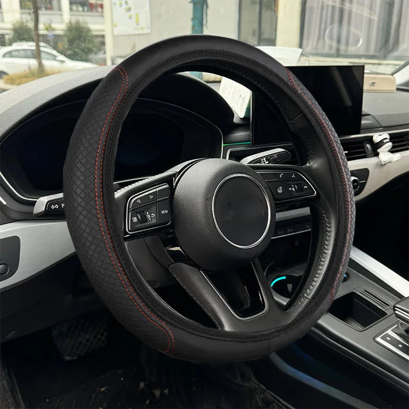 PU Leather Steering Wheel Cover 15\"/38CM Universal Fit Anti-Slip Car Steering Protector With Good Grip Install Easily Interior Accessories Auto Steering Protector