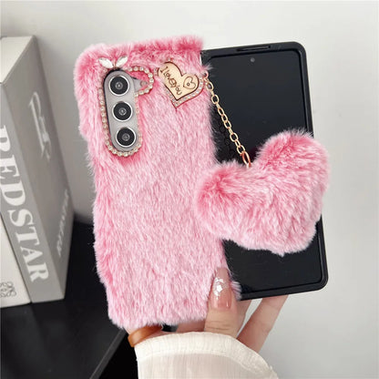 For Samsung Galaxy Z Fold 5 Case Korea Cute Fluffy Plush Love Pendant Phone Case For Galaxy Z Fold6 Cover Z Fold3 Z Fold2 Fold5