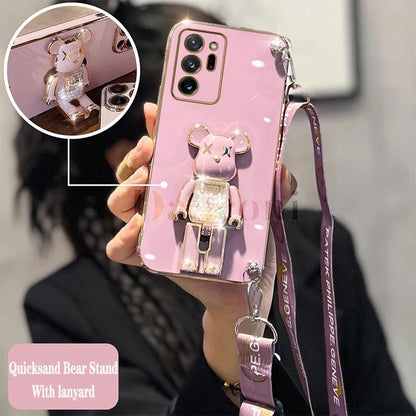 Cartoon Bear Lanyard Plating Phone Stereoscopic Holder Case For Samsung Galaxy Note 20 Ultra Note 10 Lite 8 9 M30S M42 M54 Cover