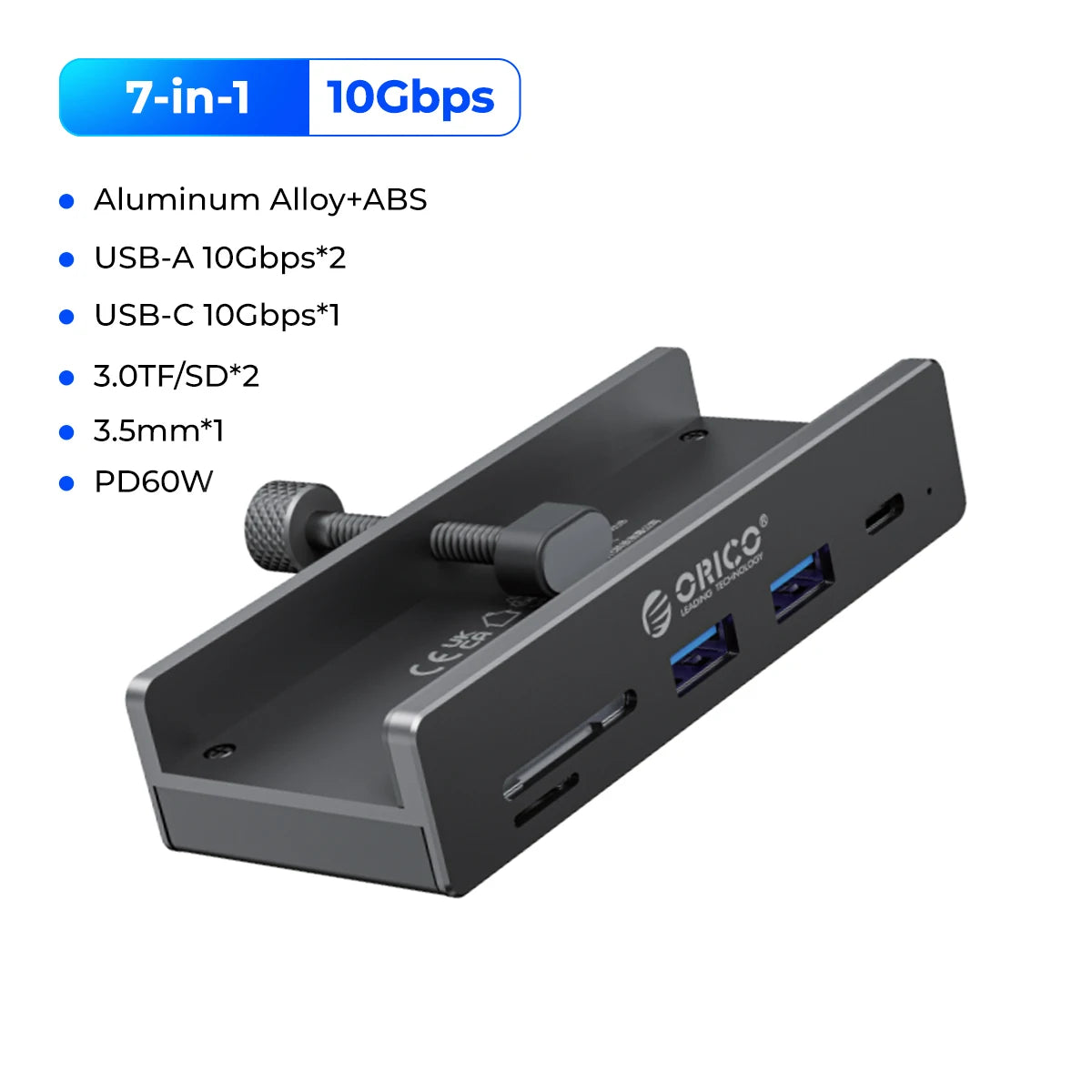 ORICO Aluminum 8 in 1 USB Clip Hub Support External Power Supply for High Speed 10GBPS Data Transmission on MAC OS PC