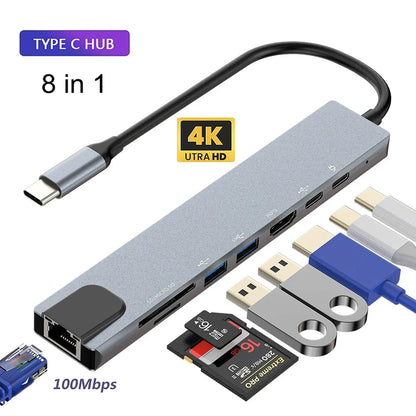8in1 USB C Docking Station Hub Type-C Thunderbolt3 To 4K UHD TF/SD Card Reader USB 2.0 100M RJ45 Ethernet PD Charging Splitter