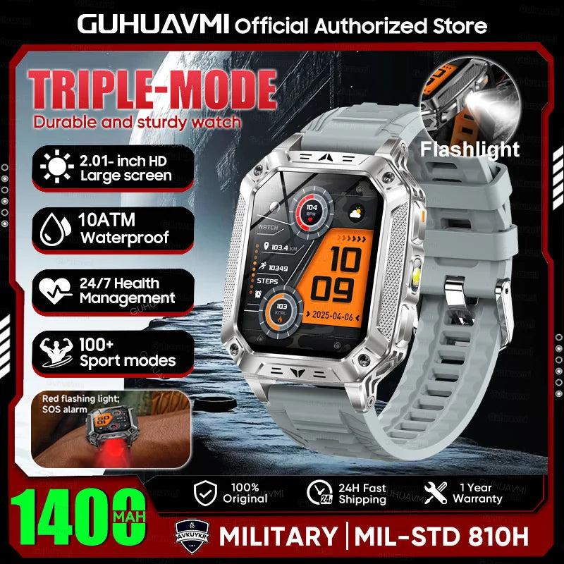2026 New 1400mAh Large Battery Military Outdoor 2.01 inches Smart watch Men 10ATM Waterproof Bluetooth Call Sports Smart Watch