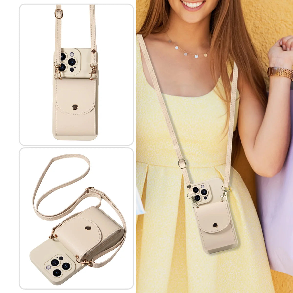 faux Leather Phone Case for IPhone17 16 15 14 13 12 11Pro Max PlusMini E Air All inclusive Lens Protection with Lanyard Card Bag