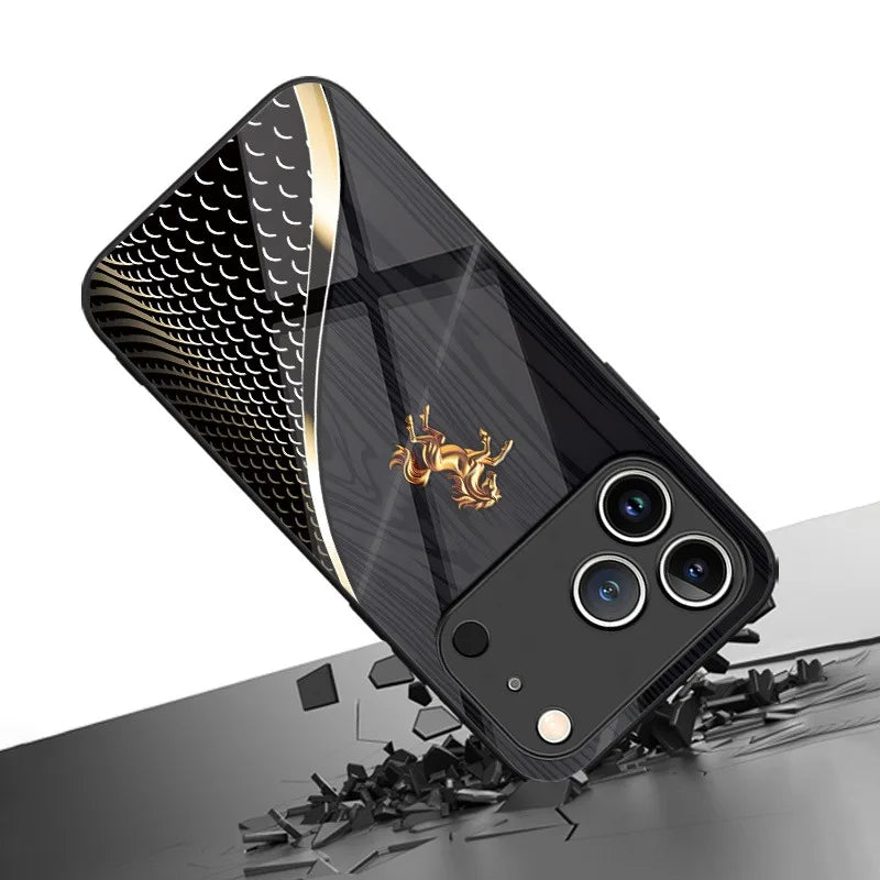 Stylish Golden Horse Tempered Glass Phone Case For iPhone 17 16 Pro 16E 15 14 13 12 11 Pro Max 17 Air X XR XS 7 8 Plus Cover