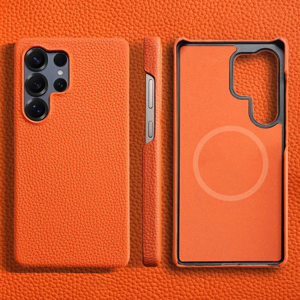 for Magsafe Case for Samsung Galaxy S26 S24 S25 Ultra Plus Natural Cowhide Leather Magnetic Protector Luxury Phone Back Cover