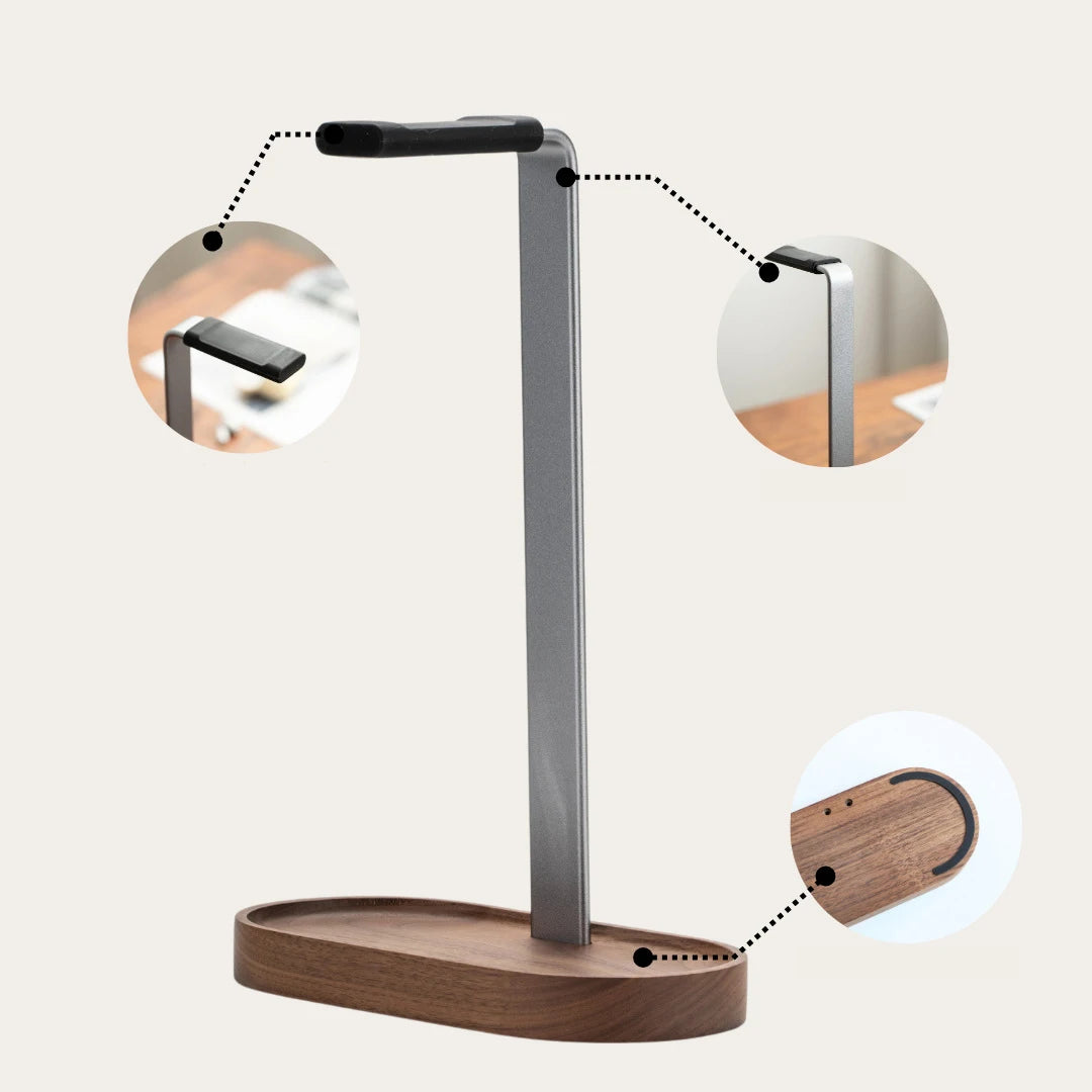 Wooden Base Aluminum Headphone Stand with Storage Tray, Desktop Headset Holder for Gaming Headphones, Desk Organizer Accessories