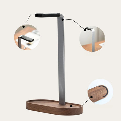 Wooden Base Aluminum Headphone Stand with Storage Tray, Desktop Headset Holder for Gaming Headphones, Desk Organizer Accessories