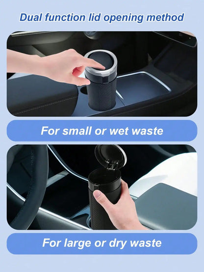 Portable Car Trash Can – Dual-Lid Design, Press & Button Open Modes, Leak-Proof, Removable Inner Liner, For Wet & Dry Waste