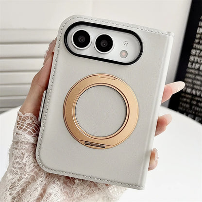 Invisible Support Bracket Card Holder Bag Phone Case For iPhone Duo 18 Fold 360 Degree Rotating Bracket Leather Wallet Cover