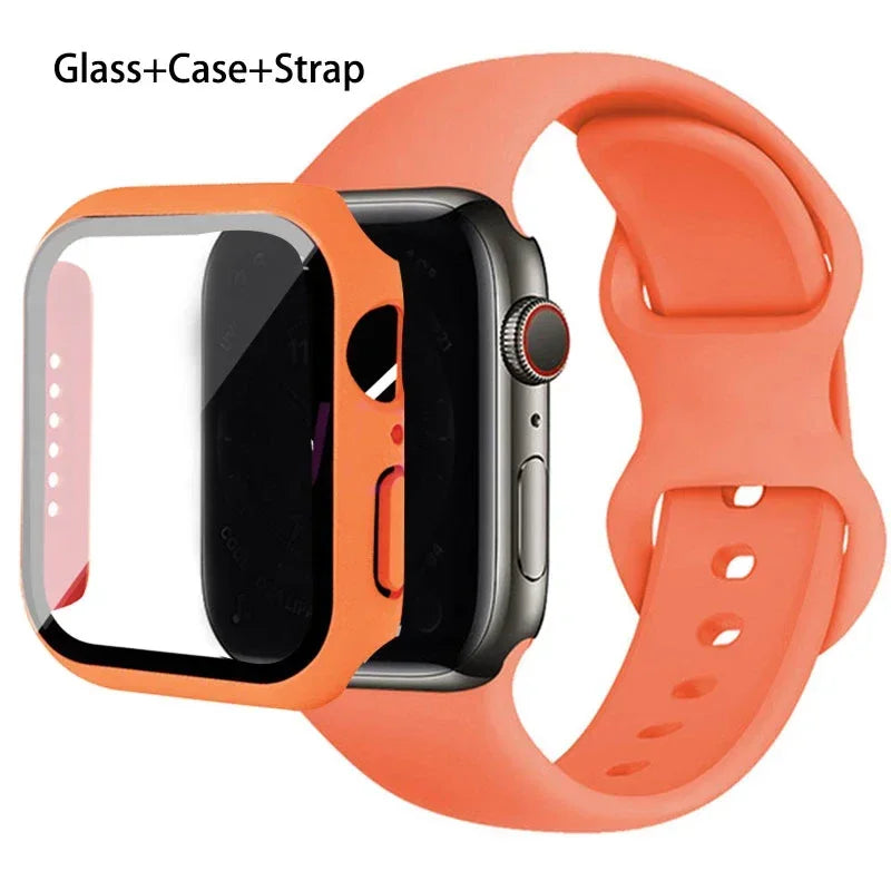 Glass+Case+Strap For Apple Watch band 44mm 41mm 45mm 40mm 38mm 42mm Silicone bracelet iWatch series 9 8 3 4 5 6 se 7 watchbands