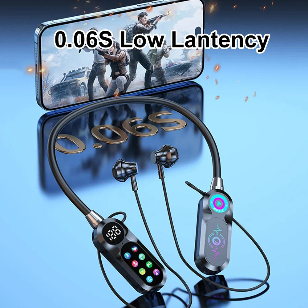 HD Screen Earphones Bluetooth 5.4 Headphones Neckband Headsets TWS Wireless Earbuds HiFi Stereo Voice Assistant Support TF Play