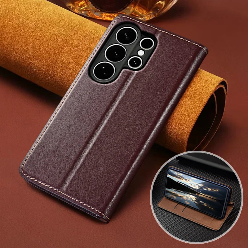 For SAMSUNG Galaxy S26 S25 S24 S23 Ultra Plus FE Edge 5G Flip Case Napa Texture Magnetic Cover Cowhide Genuine Leather Cases