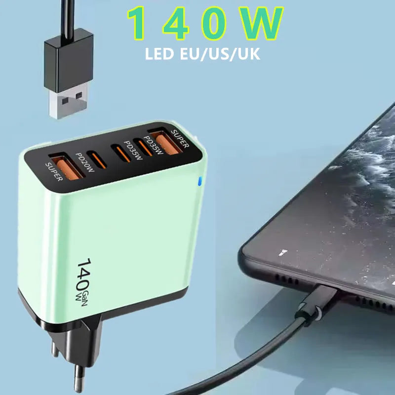 4-in-1 Type C Cable USB C PD Fast Charger 5 Ports Quick Charge Phone Adapter For iPhone Samsung Xiaomi Huawei OPPO Wall Charger