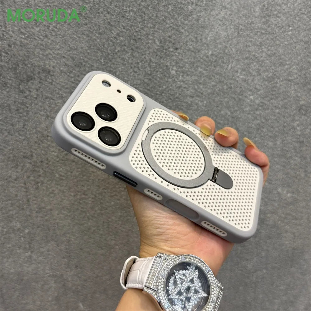 Cooling Heat Dissipation Stand Holder Case For iPhone 17 Pro Max 16 Pro 15 14 13 12 Invisible Bracket Magnetic Matte Hard Cover