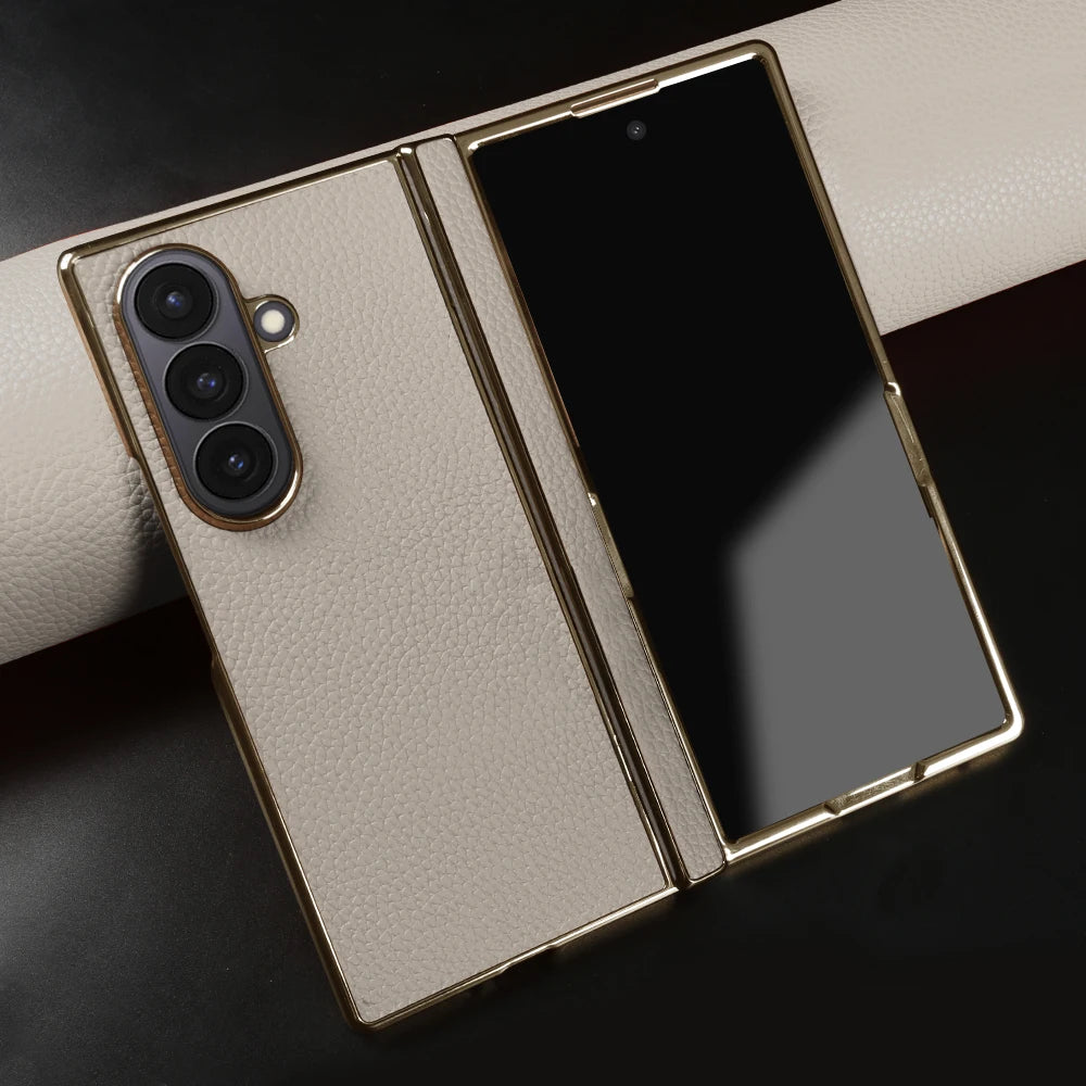 Lychee Genuine Leather Case For Samsung Galaxy Z Fold 8 6 5 4 Fold8 Ultra 8wide Fold7 Fold5 Fold6 Phone Cases Cover Funda Coque