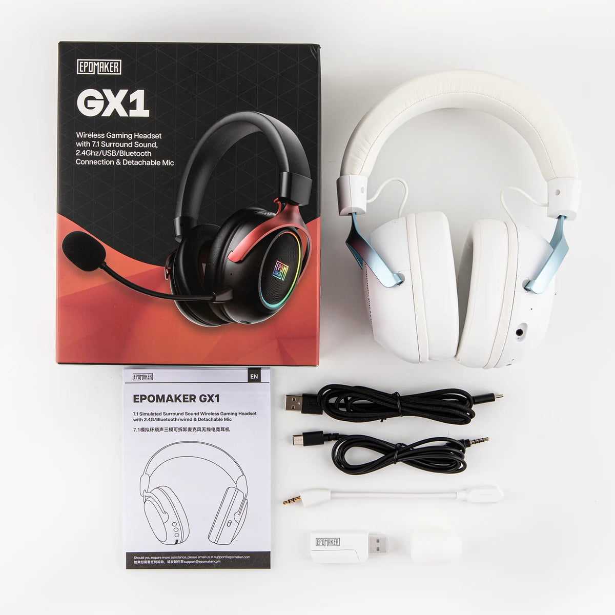 EPOMAKER GX1 Tri-mode Wireless Gaming Headset with 7.1 Surround Sound & ENC Noise Canceling Mic for PS4/PS5/Switch/PC/Mac/FPS