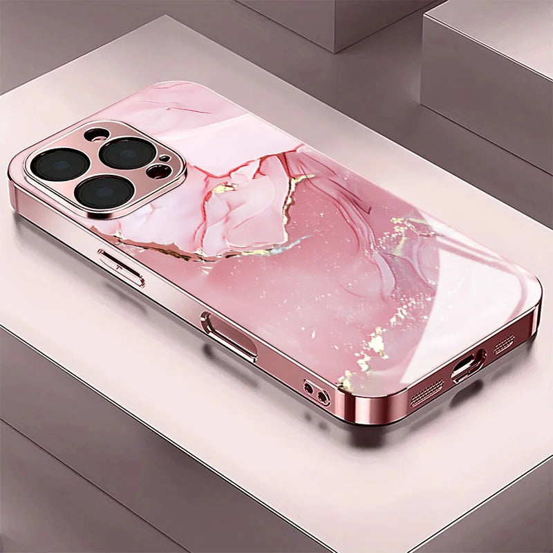 Pink Gold Foil Marble Pattern Tempered Glass Phone Case for iPhone 16 17 Pro Max 15 14 Plus 13 12 11 Pro Max 16E 17 Air Cover