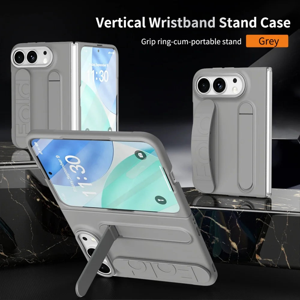 For iPhone Duo Cases Luxury Wrist Strap Bracket Stand Holder Case for iPhone Duo 18 Fold Solid Color Built-in Front Film Cover