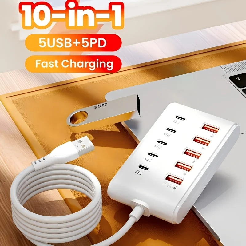 10-Port USB Fast Charging Station 5*Type-C PD + 5*USB-A Compact High-Speed Charging Adapter Technology Enthusiast Workspace Hub