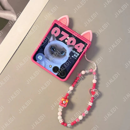 Cute Cat Ears Hinge Phone Case For Samsung Galaxy Z Flip 8 7 6 5 4 3 flip6 zflip7 ZFlip 8 Cover
