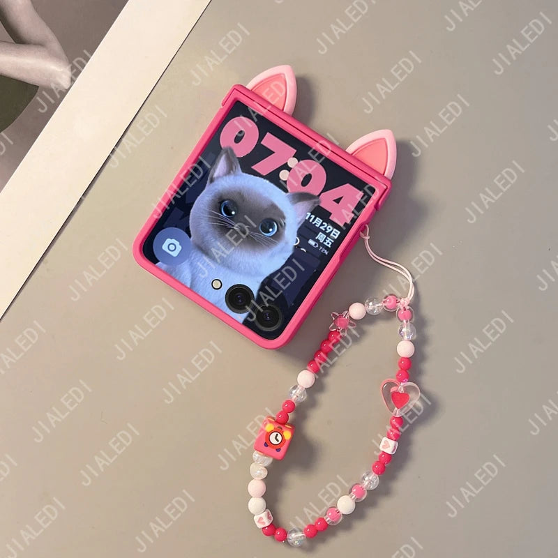 Cute Cat Ears Hinge Phone Case For Samsung Galaxy Z Flip 8 7 6 5 4 3 flip6 zflip7 ZFlip 8 Cover