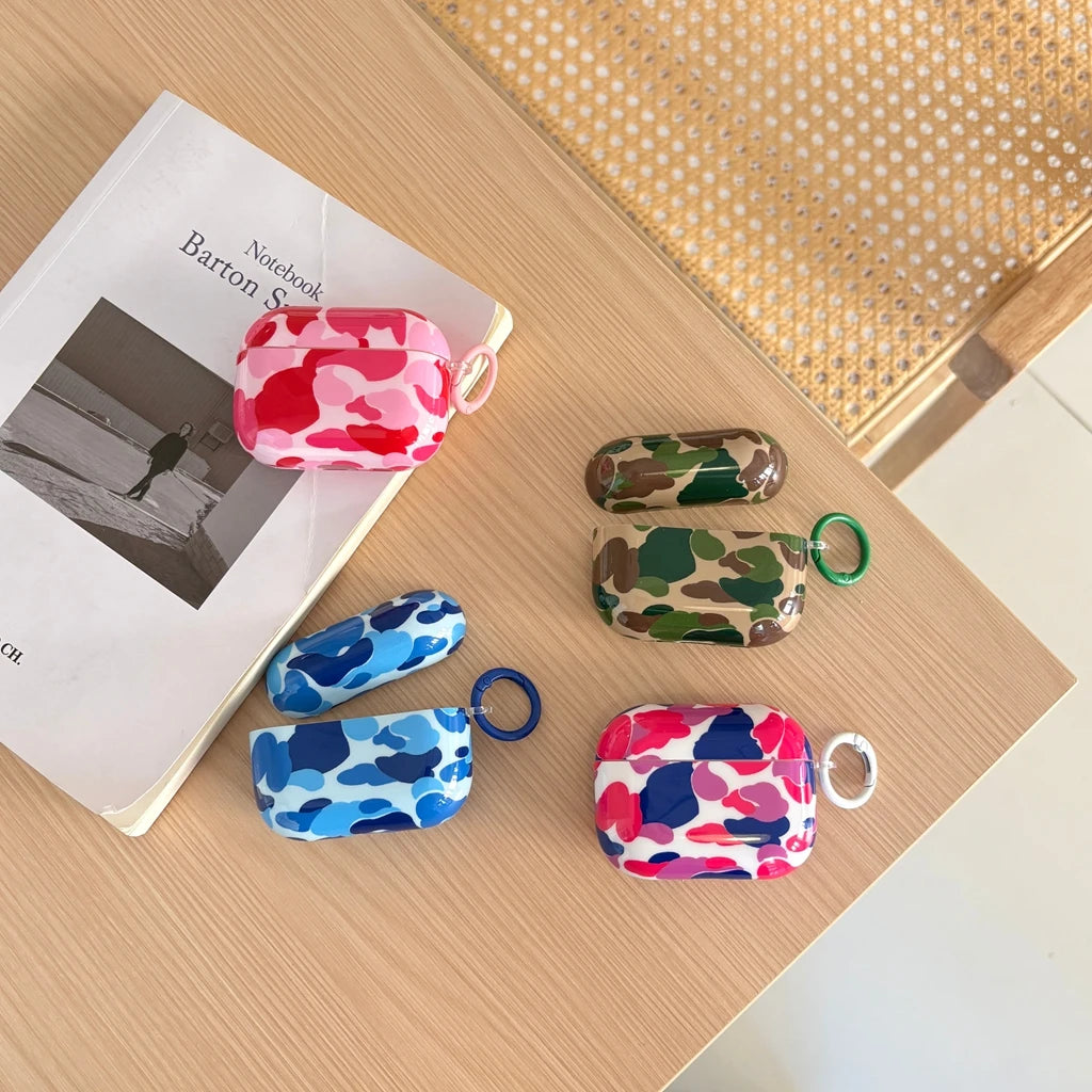 Personality Stylish Color Collision Camouflage Pattern With Hook Earphone Case Cover for AirPods 1 or 2 3 4 5 Pro 2 Pro 3