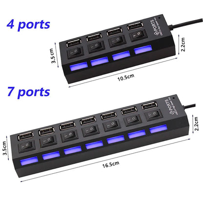 USB HUB 4/7 Port Multiple Expander With ON/OFF Switch Multi USB Splitter Hub 4ports 7ports Adapter Computer Accessories