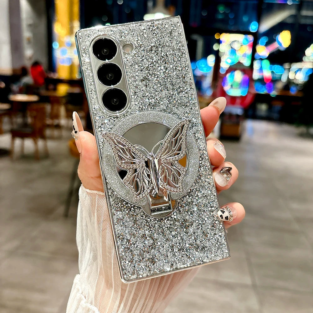 Luxury Hard PC Electroplated Frame Phone Cover for Samsung Galaxy Z Fold 7 6 5 4 8 Ultra Case with Butterfly Bracket
