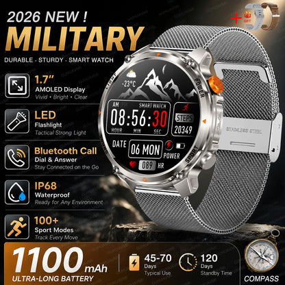 New Men Outdoor Military 1100mAh Large Battery Smart Watch Compass GPS Track IP68 Waterproof LED Flashlight BT Call Smartwatch