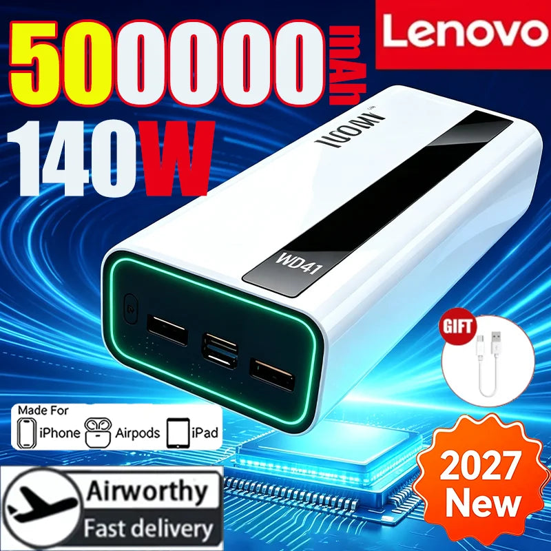 Lenovo CCC 500000mAh 140W Powerbank Super Fast Charging Portable Battery Charger Ultra Capacity LED Digital Display 2027NEW