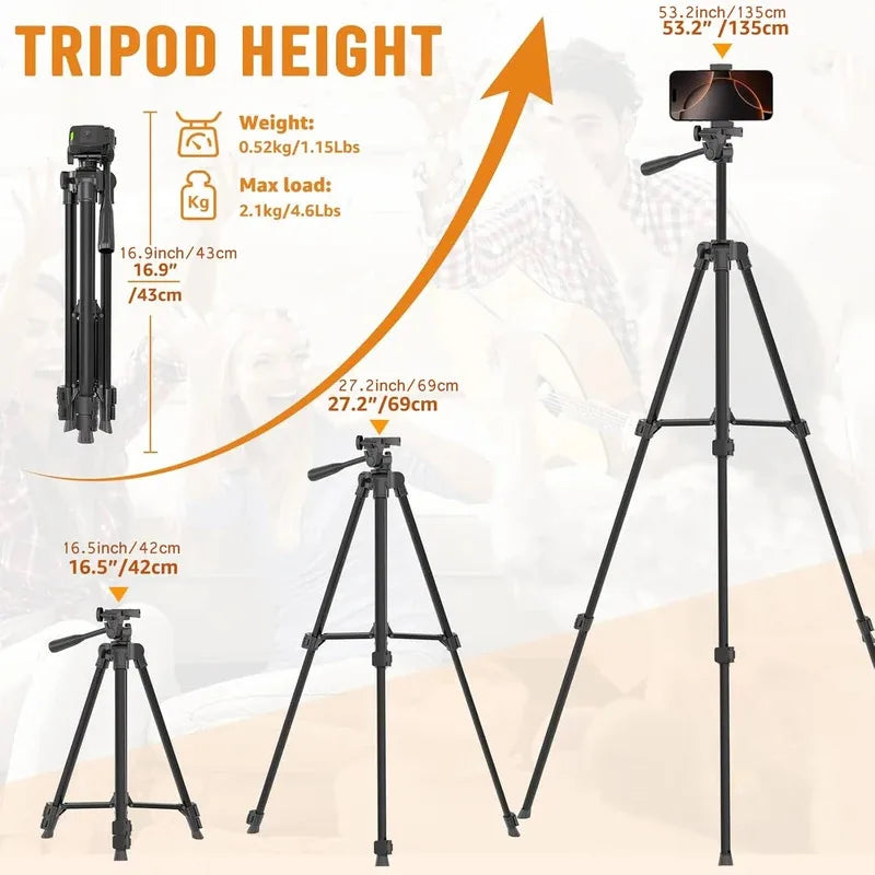 53 Inch Universal Tripod Stand with Bluetooth Remote Adjustable Height for Smartphone Camera Video Photography YouTube
