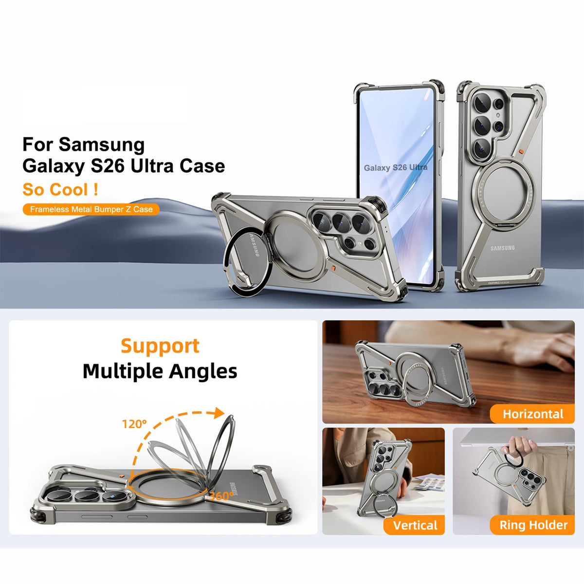 Eary Z Shape for Samsung Galaxy S26 Ultra Phone Case Frameless Metal Protective Case 360°Rotate Magnetic Stand Shockproof Cover