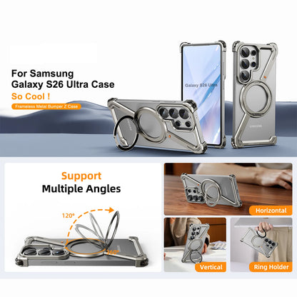 Eary Z Shape for Samsung Galaxy S26 Ultra Phone Case Frameless Metal Protective Case 360°Rotate Magnetic Stand Shockproof Cover