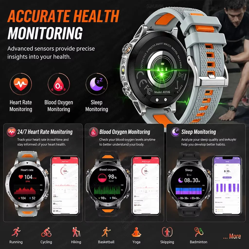 NEW Military 1400mAh Battery SmartWatch Men Outdoor LED Flashlight IP68 Waterproof Heart Rate SOS Bluetooth Call Sports Bracelet