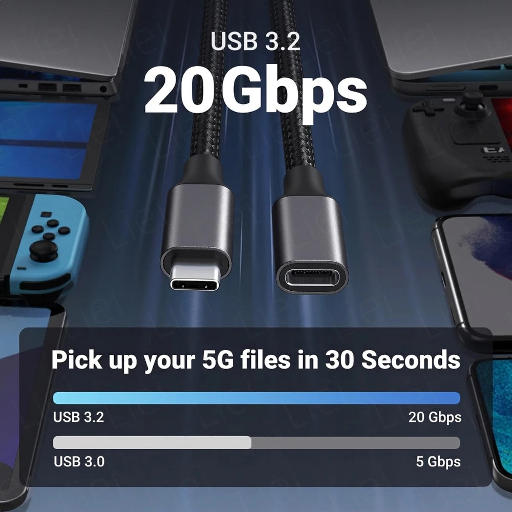 20Gbps USB C Extension Cable 240W USB3.2 4K@120Hz Type C Video Extension Cord Male to Female For Hub PS VR2 iPhone MacBook Switc