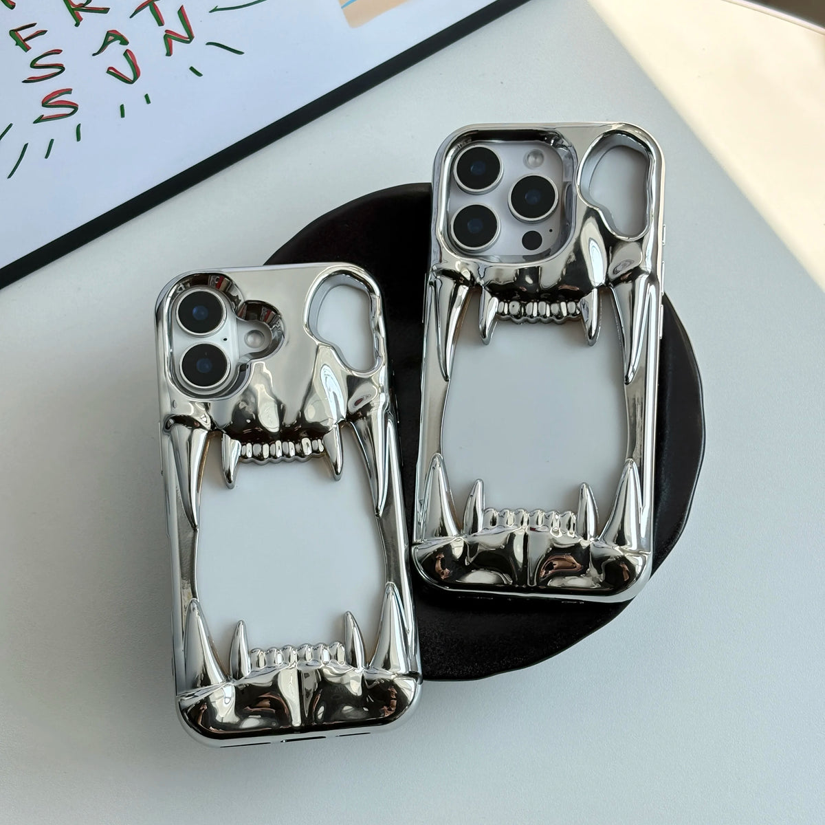 Stylish Cool Metal Glossy Silver Black Skull Tusk Hollow Heat Dissipation Soft Cover Case for iPhone 12 13 14 15 16 17 Pro Max