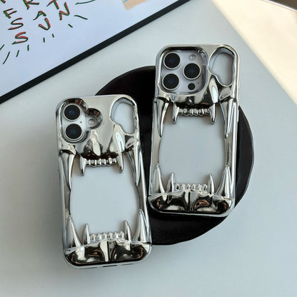 Stylish Cool Metal Glossy Silver Black Skull Tusk Hollow Heat Dissipation Soft Cover Case for iPhone 12 13 14 15 16 17 Pro Max