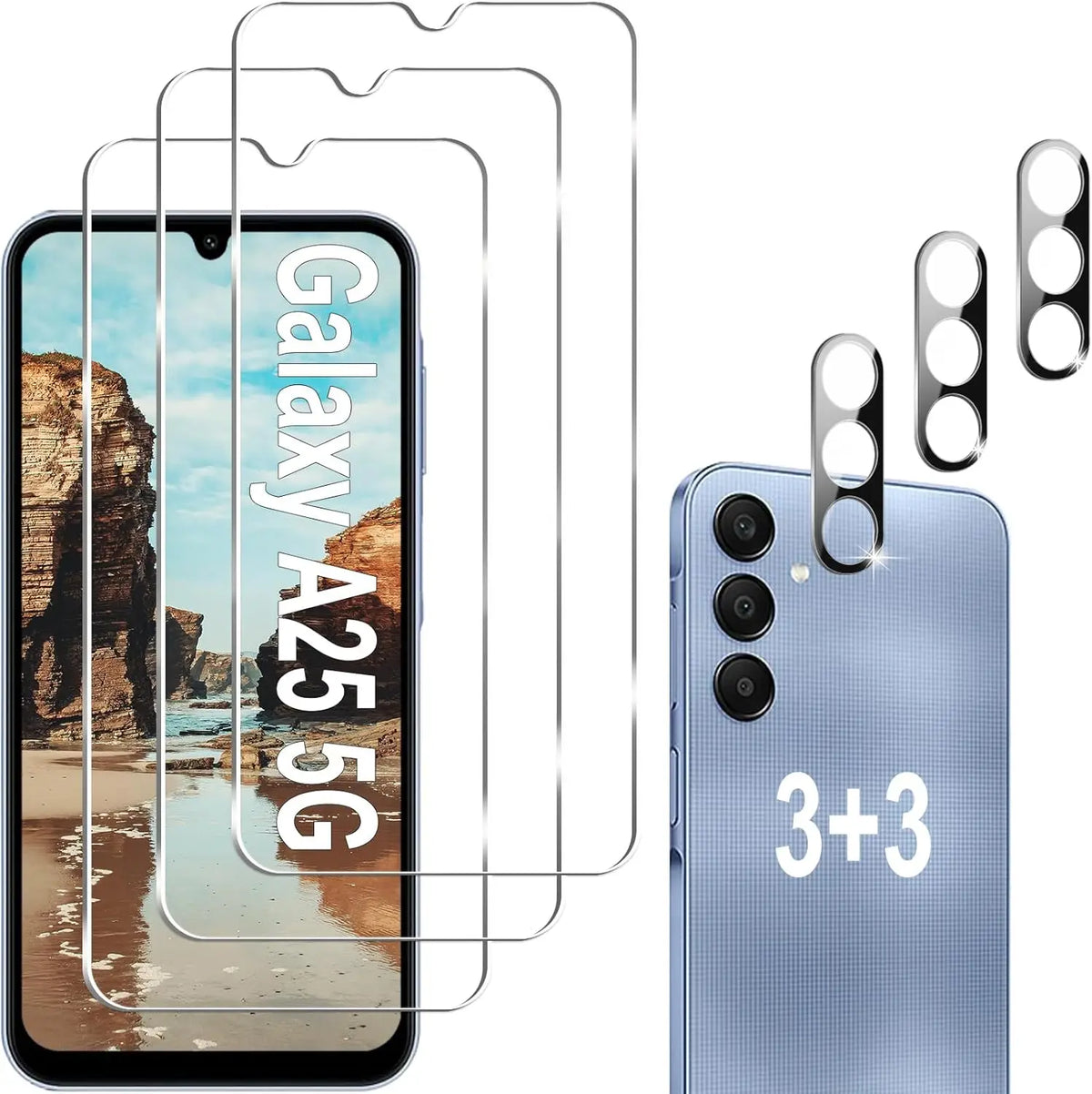 3+3 Pack Galaxy A25 5G Screen Protector + Camera Lens Protector, 9H Hardness, Anti Scratch, Bubble Free, HD Tempered Glass