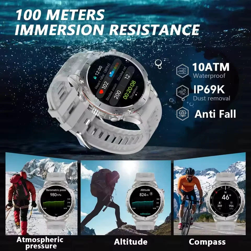 Outdoors TANK New GPS SmartWatch Man Dual-Band GNSS Military 10ATM Waterproof LED Flashlight Compass Altimeter NFC HD Call Watch