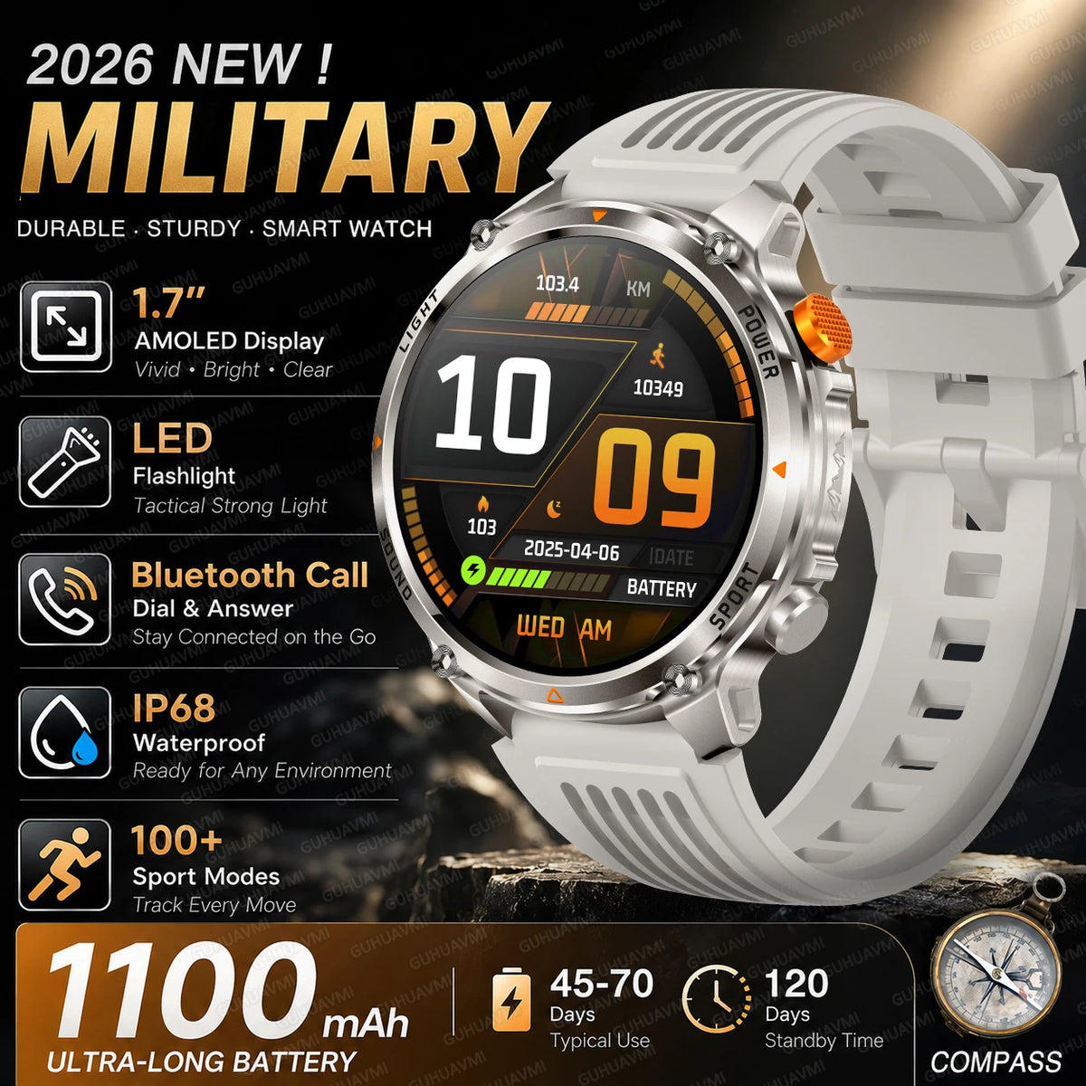 New Men Outdoor Military 1100mAh Large Battery Smart Watch Compass GPS Track IP68 Waterproof LED Flashlight BT Call Smartwatch
