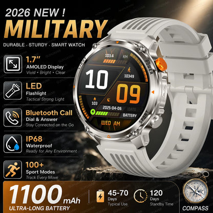 New Men Outdoor Military 1100mAh Large Battery Smart Watch Compass GPS Track IP68 Waterproof LED Flashlight BT Call Smartwatch