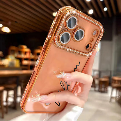 Custom Letters Name Starry Orange Rhinestone Glitter Frame Transparent Phone Case For iPhone 11 12 13 14 15 16 17Pro Max 17 Air