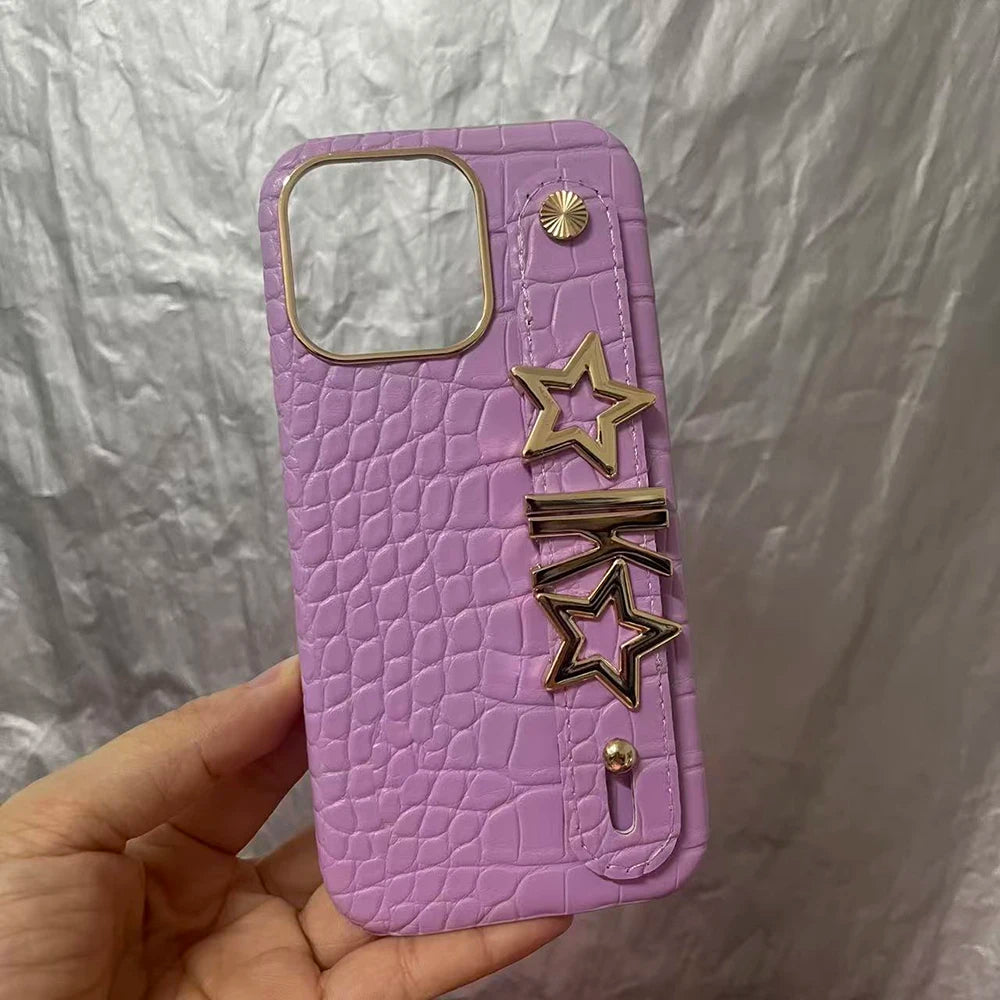 Holding Strap Personalised Custom Name Gold Metal Letters Leather Phone Case For Iphone 14 13 12 17 Pro Max 16promax Cover