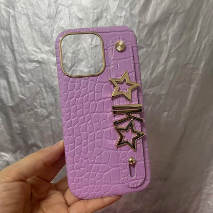 Holding Strap Personalised Custom Name Gold Metal Letters Leather Phone Case For Iphone 14 13 12 17 Pro Max 16promax Cover